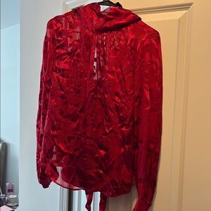 White House Black Market Red Ruffled Long Sleeve Blouse